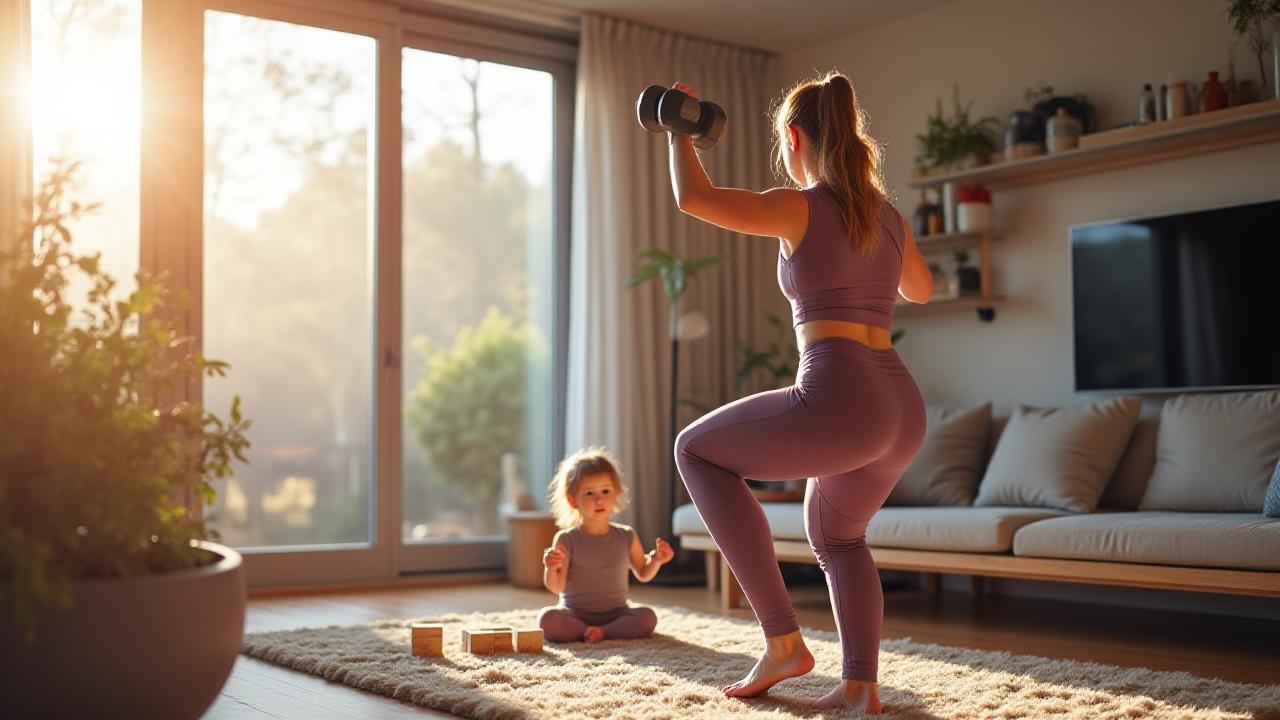 Melbourne mom performing light dumbbell rows while toddler plays nearby